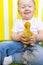 Bright Portrait of a Girl with a Duck Chick. Children`s Love for Animals