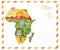 Bright postcard with map of Africa with famous destinations and animals