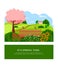 Bright postcard with a spring landscape - trees and flowers, a road and a field, a house, birds. Vector drawing.