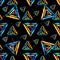 Bright psychedelic polygons on a black background abstract geometric seamless pattern