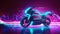 A bright purple and azure blue futuristic motorcycle, lit up by glowing neon lights on a dark background..