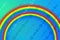 A bright rainbow on a green-blue background is crossed by abstract streams of rain. Round raindrops fall at an angle.