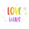 Bright rainbow inscription Love wins isolated on white. Gay Pride lettering. LGBT rights concept. Vector template.