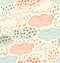 Bright rainy seamless background Lace pattern with clouds, umbrellas and drops of rain Cartoon doodle texture with beauty d