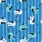 Bright random cartoon seamless pattern with white and blue crane shapes. Striped background