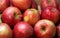 Bright red apples, with few wet drops, displayed on food market, closeup detail