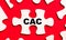 On a bright red background, white puzzles. In one of the pieces of the puzzle, the text CAC Customer Acquisition Cost