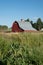 Bright red barn in a wheat field in the Palouse region of Eastern Washington State in summer