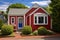 bright red brick cape cod house with a blue door