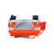 Bright red car lies on its roof after crash. Damaged automobile. Transport and auto insurance theme. Accident on road