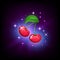 Bright red cherry with green leaf and sparkles, slot icon for online casino or logo for mobile game on dark purple