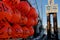 Bright red floats on the side of a crab boat docked at Fisherman`s Wharf, Victoria, BC.