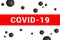 Bright red headline with inscription COVID-19 on white with abstract virus strain model