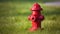 Bright red isolated fire hydrant sits in a freshly cut grass field, Generative AI