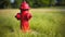 Bright red isolated fire hydrant sits in a freshly cut grass field, Generative AI