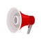 Bright red megaphone with handle and button. Device for voice amplification. Horn speaker. Flat vector icon