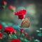 Bright red roses are blooming in the garden and butterflies are touching the flowers. AI generates image