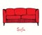 Bright red sofa front view, hand drawn illustration