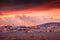 Bright red sunset sky over Tangier city, Morocco