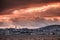 Bright red sunset sky over Tangier city, Morocco