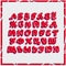 Bright red volumetric letters of irregular shape, the entire Russian alphabet