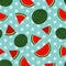 Bright red watermelon full and slices turquoise blue polka dots background seamless pattern