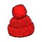 Bright red winter knitted hat with pompon