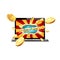 Bright retro banner for online casinos, poker, roulettes or slots. Coins are falling from the laptop