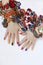 Bright rich multi-colored manicure on long nails with various types of jewelry