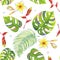 Bright and rich tropical seamless pattern with geometric elements, leaves and flowers of jungle plants: monstera, palm leaves,