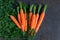 Bright ripe carrots with leaves on the table.