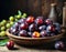 bright ripe plums on a wooden table in a rustic style