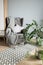 Bright room in Scandinavian style: gray armchair with a plaid and pillows, a white wardrobe, white chair, a rug and green flowers