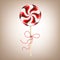 Bright round striped red brown lollipop with decorative cord. Berry and chocolate candy on a stick. Realistic 3D Vector