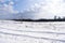 Bright scenic frosty magical winter landscape landmark in rural countryside field. Panoramic natural beautiful view of