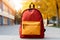 Bright school backpack in the schoolyard, learning concept