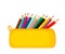 A bright school pencil case filled with school stationery, such as pens, pencils, Concept of September 1, go to school