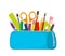 Bright school pencil case with filling school stationery such as pens, pencils, scissors, ruler, tassels. concept of September 1,