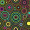 Bright seamless abstract pattern of colorful circles and dots on black background. Kaleidoscope backdrop.