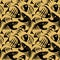 bright seamless pattern of black graphic fish skeletons on a golden background
