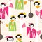 Bright seamless pattern with a dancing geisha. Vector illustration cartoon style.