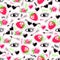 Bright seamless pattern with eyes, strawberry, arrow, roses, sunglasses and hearts.
