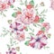 Bright seamless pattern with flowers. Peony. Petunia. Watercolor illustration.