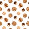 Bright seamless pattern with fresh muffins, profiteroles and cookies