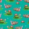 Bright seamless pattern with funny cartoon animals. Hand-drawn watercolor turtles and snails with flowers.