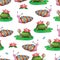 Bright seamless pattern with funny cartoon animals. Hand-drawn watercolor turtles and snails with flowers. White background for