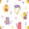 Bright seamless pattern with funny cats musicians