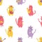 Bright seamless pattern with funny cats musicians