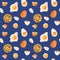 Bright seamless pattern half boiled eggs, fried, shell. Digital art on a blue background. Print for textiles, wrapping paper, deco