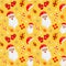 Bright seamless pattern. Merry Santa\\\'s head, red mittens, Santa hat, gifts and sets of delicious candies